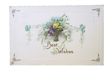 Antique Embossed Postcard Best Wishes Basket of Flowers Gold Gilt Flower Corners picture