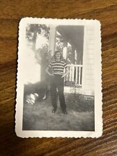 1940s B&W Vintage Photo Pretty Lady in Striped Shirt Side Yard W2 picture