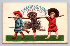 c1910 DB Postcard Thanksgiving Greetings Boy & Girl After Turkey Hunt Rifle picture