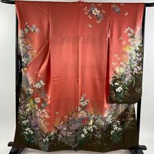 Japanese Silk Kimono Vintage Furisode Gold Pink Flower Grass Butterfly Black 63