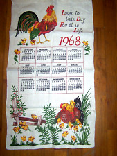 Vintage 1968 Printed Linen Cloth Hanging Wall Calendar Tea Towel Country Rooster picture