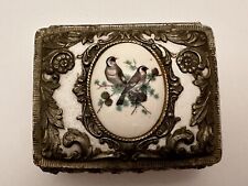 Vintage Ornate Hinged Cast Metal Footed Trinket Box Ceramic Bird Tile Japan picture