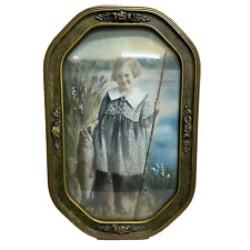 Antique Convex Bubble Glass Picture Of A Girl With Fish and Rod In A Gilt Frame picture