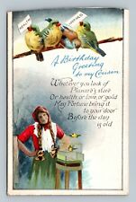 A HAPPY BIRTHDAY four lovebirds perch above girl holding TUCK's Postcard picture