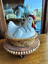 Vintage WHITE HEN On A NEST, Covered Decorative Dish, Woven Basket, Canister,... picture