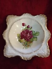 Antique Cabinet Bowl Red Roses Gold Embossed Trim picture