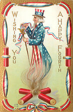 Embossed Postcard 4th Of July Uncle Sam in The Smoke Of Firecrackers Nash J-8 picture