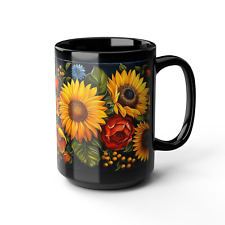 Sunflowers Coffee Mug, 11oz 15oz, Ukrainian Lacquer Folk Art Black Ceramic Mug picture