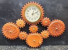 Vintage Spinning Cogs Wheels Wall Clock Hardwood Hand Cranck 17×13×2.5