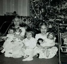 Three Girls By Christmas Tree Holding Dolls B&W Photograph 3.5 x 3.5 picture