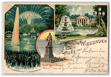 1901 Greetings from Wiesbaden Germany Kaiser Friedrich Statue Multiview Postcard picture
