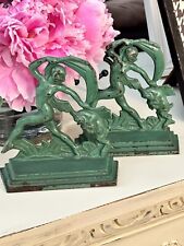 Antique Rare Hubley Cast Iron ArtDeco Dancing Nymph/Goat Jade Green Bookends picture