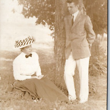 c1910s Classy People Posing in Nature RPPC Trees Fancy Hat Dress Suit Photo A212 picture