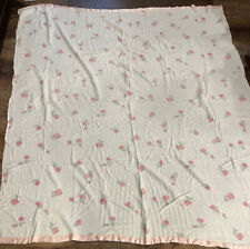 Flannel Rose Blanket Satin Edge Vintage White Pink 68x73 Soft Classic Full Queen picture
