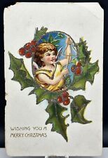 1907-1915 Wishing U A Merry Christmas Postcard Winged Angel Ringing Bell picture