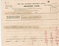 Posts and Telegraphs Dept Malaya Receiving Form 1938 Cancel Telegram Ref 38422 picture