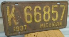 Vintage Michigan 1937 License Plate  K 66857 picture