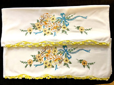 VTG Pair of Hand Embroidered Tiger Lily Pillow Cases Crocheted Edges 20