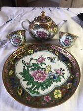 Vintage Chinese Mini Rose Medallion Fine China Teapot w/Lid, 2 Cups Underplate picture
