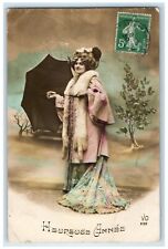 c1910's New Year Pretty Woman With Umbrella France Posted Antique Postcard picture