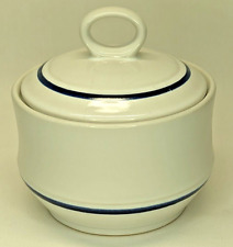 Vintage Edura by Wellin Stoneware White Blue Stripe Sugar Bowl w/Lid Korea picture