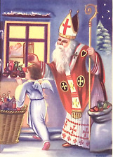 c1920s Christmas Postcard Angel Peers in Window with Orange Robed St Nicolas picture