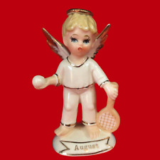 Enesco Birthday Boy Angel Figurine Tennis Player Gold Trim August Vintage MCM picture