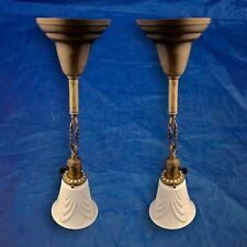 Wired Pair Brass Pendant Light Fixtures Rare Shades 22B picture