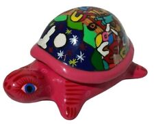 Mexican Folk Art Pottery Colorful Pink Turtle Small Trinket Box Terracotta picture