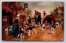 c1909 Men on Horses Back from Hunt with Dogs being Greeted ANTIQUE Postcard 1067 picture