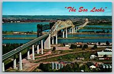 The Soo Locks Sault Ste Marie Michigan & Canada Bridge Unused 1964 Postcard picture