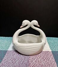 Vintage Double Swan White Ceramic Bowl Basket Handle picture