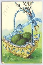 Greeting Card Easter Greetings, Basket Green Eggs Blue Ribbon, DB 1908 Embossed picture
