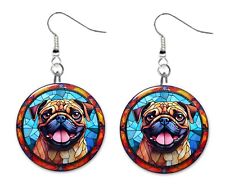 Stained Glass Printed Pug Dog Button Earrings Jewelry 1