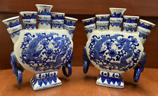 2 VTG Blue White Porcelain Vases Chinese Dragon Phoenix Lily Flat 5 Finger Tulip picture