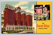 The Conrad Hilton hotel postcard, Chicago Illinois IL, linen era Boulevard Room picture