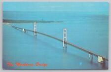 Michigan Mackinac Straits Bridge Aerial 1965 Longest Suspension Bridge Postcard picture