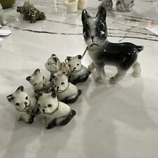 Vintage Mid Century Chained French Bulldog Mom w/ Puppies Ceramic Figurine Japan picture