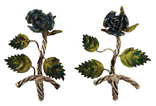 Vintage Pair Italian Tole Hand Painted Enamel Blue Roses Green Leaf Wall Hooks picture