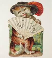 Scarce Tulip Soap Victorian Trade Card, Anthropomorphic Die Cut Cat Kitty w/ Fan picture