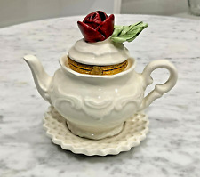Vintage 1998 Mud Pie White Teapot Red Rose Victorian Porcelain Trinket picture