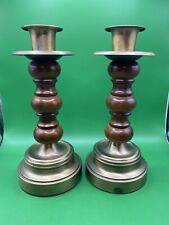 Vintage Wood Brass Candlesticks 9.25” Mid Century MCM Set Of 2 picture