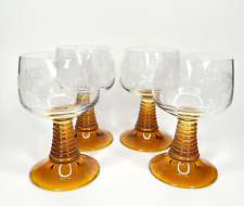 Vtg. German French Roemer Wine Glasses Etched Grape Amber Beehive Stems Lot of 4 picture