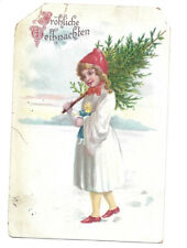 c1900s German Christmas Cute Girl Carrying Tree Doll Undivided Postcard POSTED picture