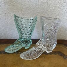 Vintage Fenton Daisy Clear Glass Boot Shoe Figurine + Mint Green Hobnail picture