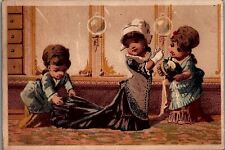 1880s VICTORIAN CHILDREN AS ADULTS SEAMSTRESS HEMING DRESS TRADE CARD 25-237 picture