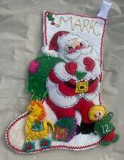 VTG Finished Christmas Stocking Felt Hand Stitched Sequins Santa Deer Presents picture