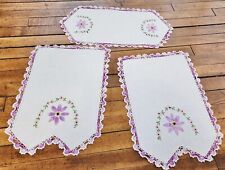 3 pc Vtg Antimacassar or Doily Set Purple Crochet Edging Embroidered  Flowers picture