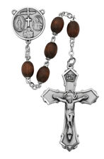 Jesus Rosaries Brown Wood Bead Rosary Pewter Center And INRI Crucifix 8mm Beads picture