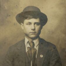 c.1910 Antique Photo CDV Handsome Young Man Hat Suit Tie Memorial Political Pin picture